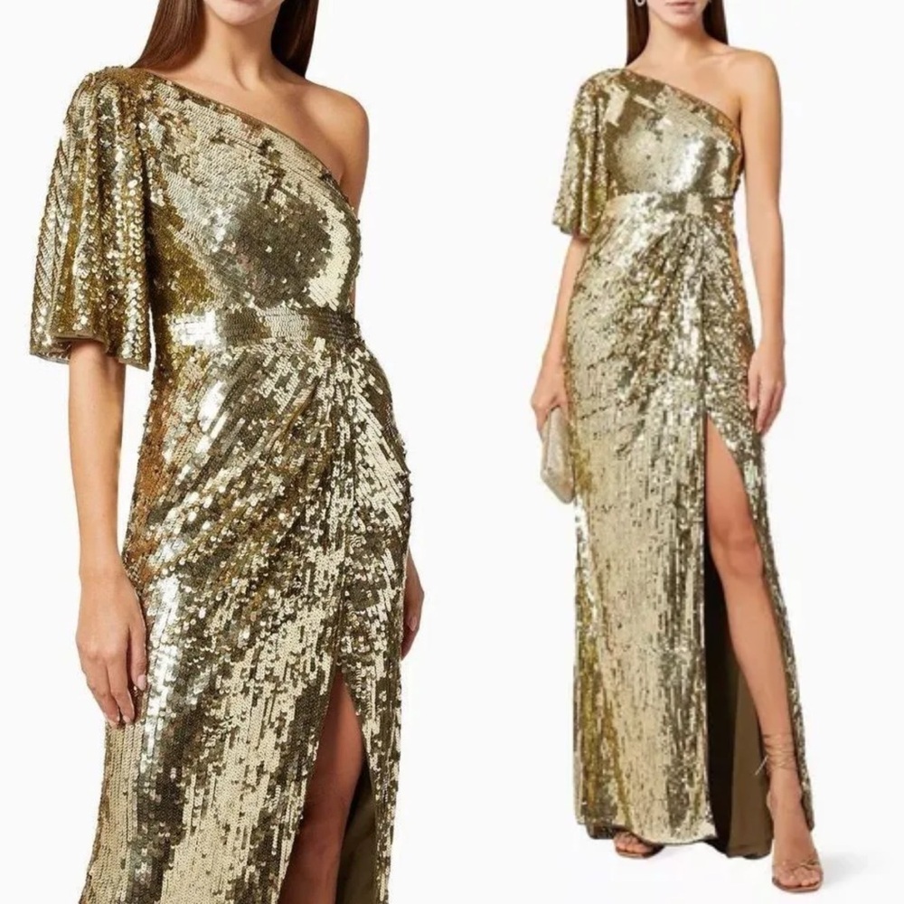 NWT Mac Duggal Embellished Cap Sleeve Trumpet Gown 8 Gold Sequin Formal 93540